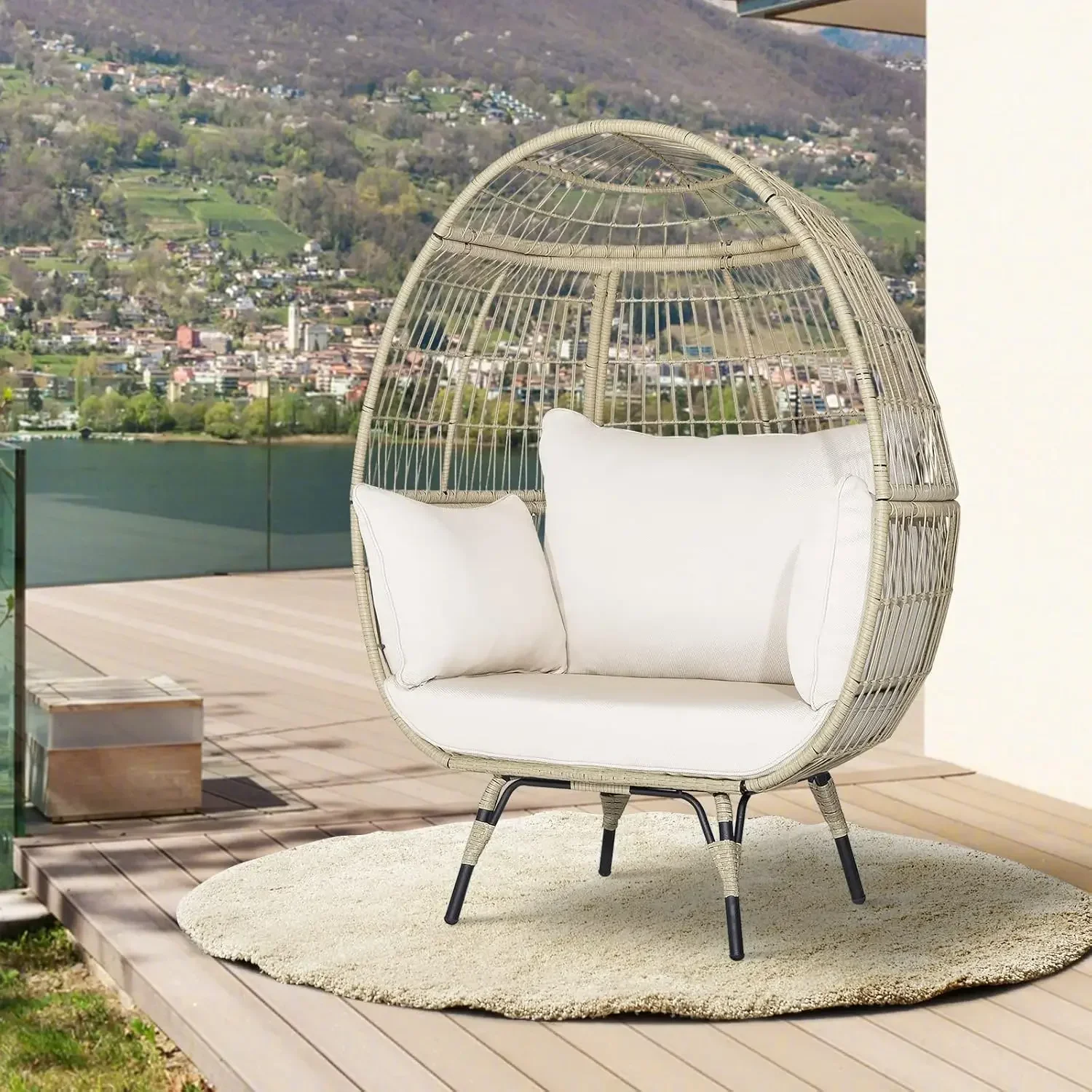 Oversized Egg Chair Wicker Patio Basket Circle Lounge Chair w Metal Stand 4 Thick Cushions PE Rattan Egg Lounger Outdoor