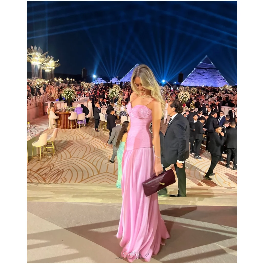 

Cathy Customized Pink Spaghetti Strap Sheath Prom Dress Elegant Sleeveless vestidos de noiva Draped Floor-Length Formal Evening
