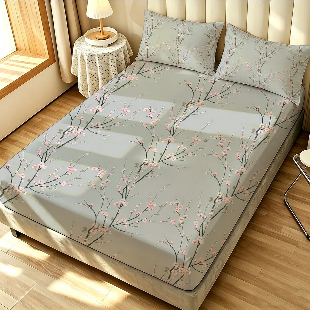 3pcs Plum Blossom Flower Printed Bed Sheet Set Coreless 1 Bed Sheet 2 Pillowcases Soft and Comfortable Bedroom Bedding Decoratio