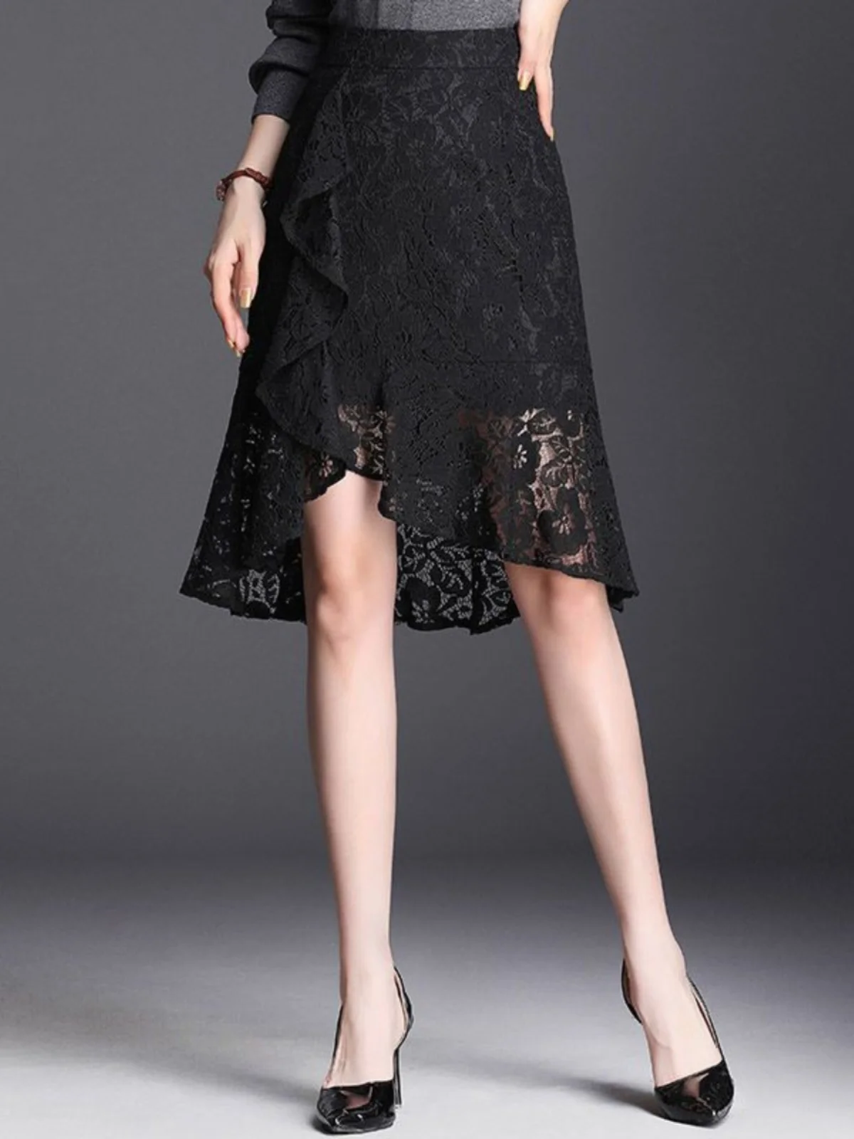 

Модная юбка средней длины с кружевом и шлейфом, с боковой молнией, слегка эластичная талия, новая коллекция весна-осень-зима