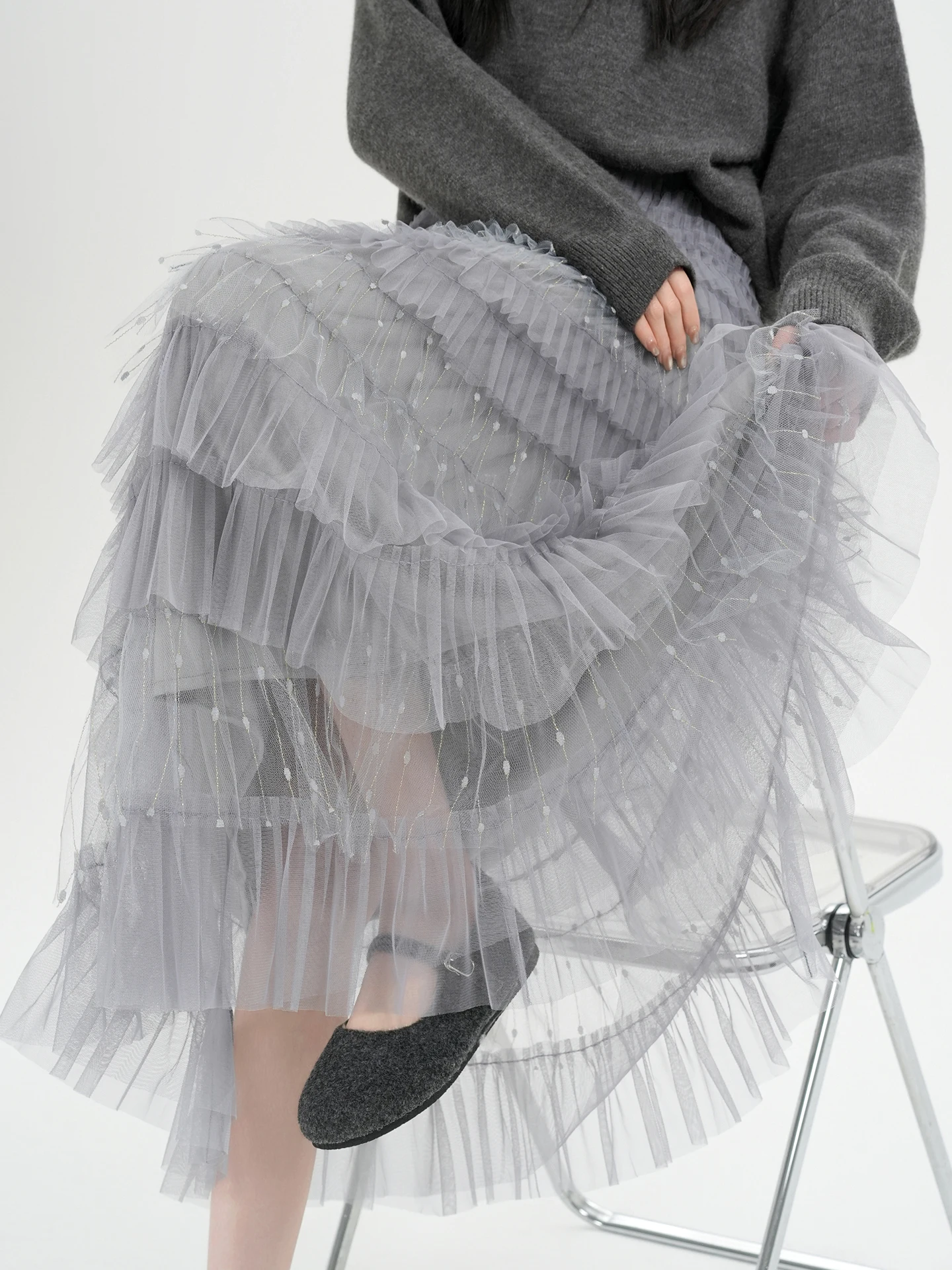 

Ele Lace f Skirt Women's Spring Autumn High Waist Slim A-Line Tulle Fairy Skirt Large Flounce Long Skirt Cake Sle