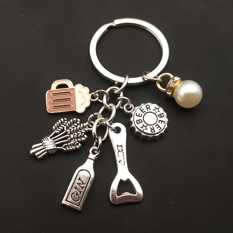 Charm enamel beer keychain bottle opener wine glass keychain bar keychain, cute and interesting beer pearl keychain