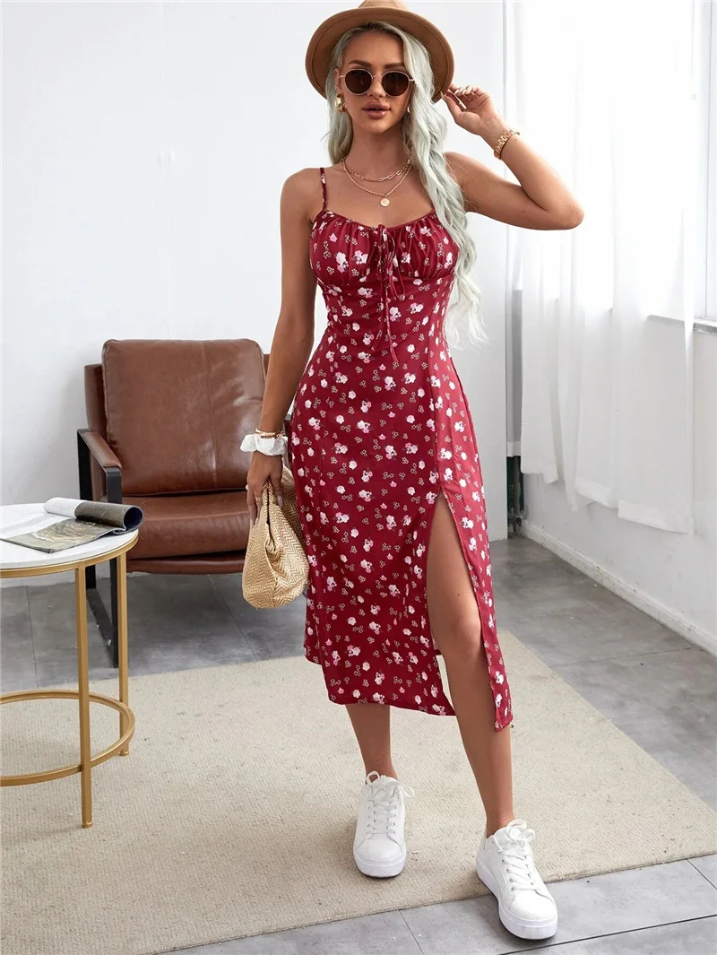 2023 Summer New Style Elegant And Simple Women's Dress Elegant Style Slim Waist Strap Fragmented Short Sleeve Split Dress