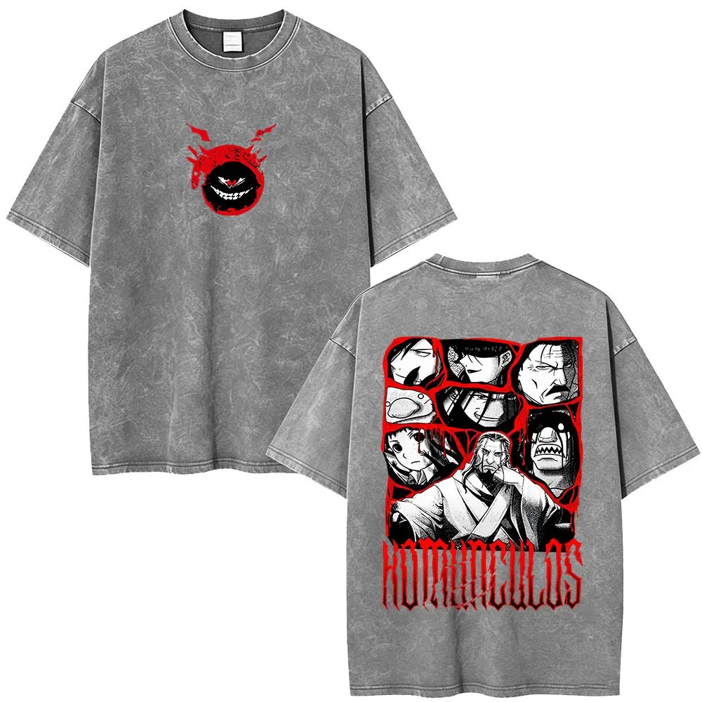 Anime Fullmetal Alchemist Edward Elric Homunculus Vintage Washed T Shirt Men Women Fashion Harajuku Casual Short Sleeve T-shirt