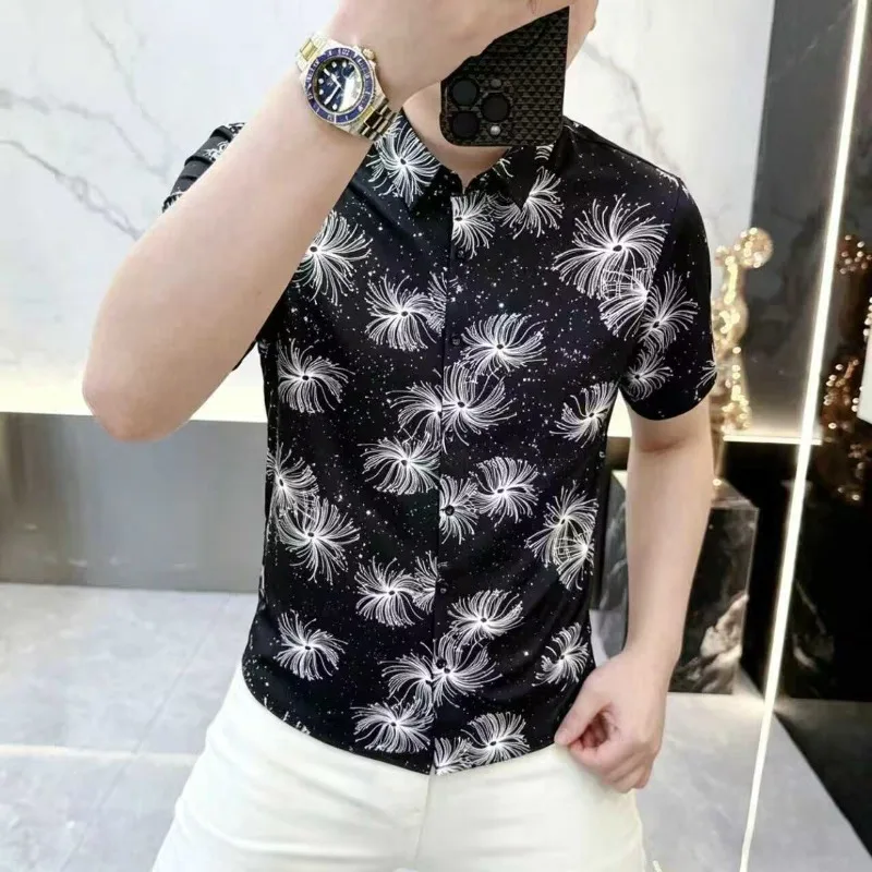 Luxury Starry Sky Rhinestone Short Sleeved Shirt Men Summer Fashion Slim Fit Casual Shirts Social Business Street Wear Shirt