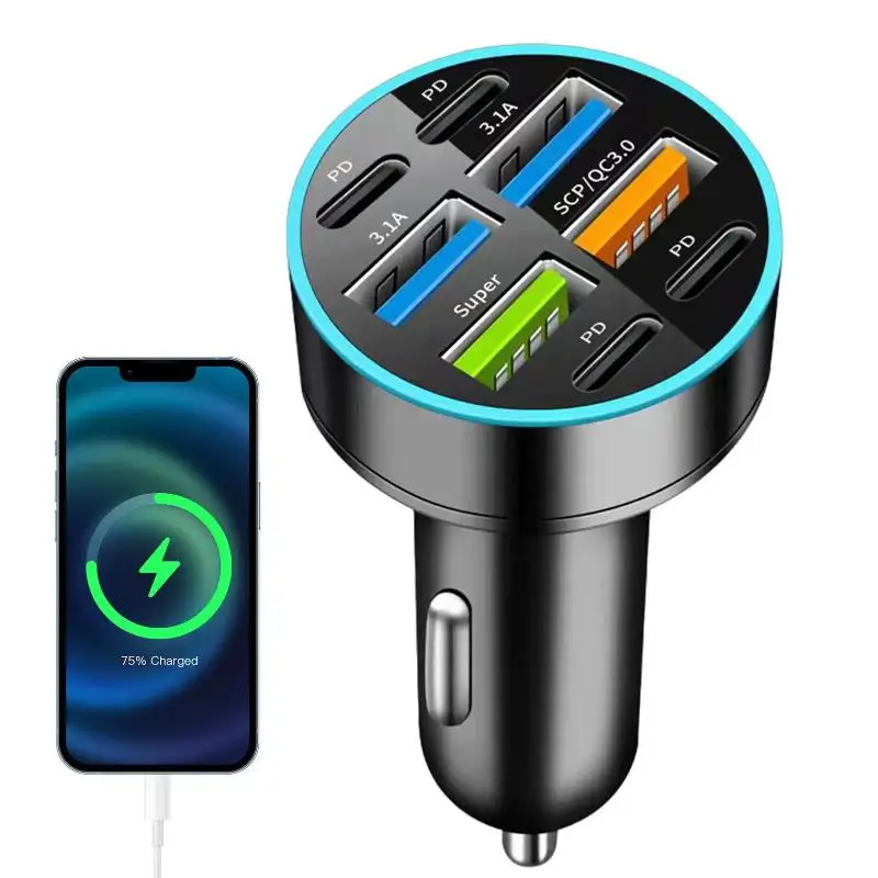 【C】100W 8 Ports Car Charger Fast Charging PD QC3.0 USB C Car Phone Charger