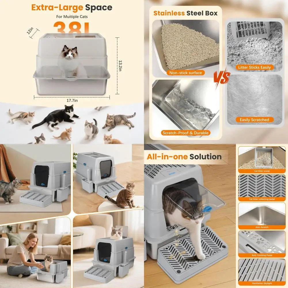 

Stainless Steel Extra Large Open-Top Enclosed Cat Litter Box, Non-Stick, Odorless, Easy Clean, Ideal for Indoor Pets
