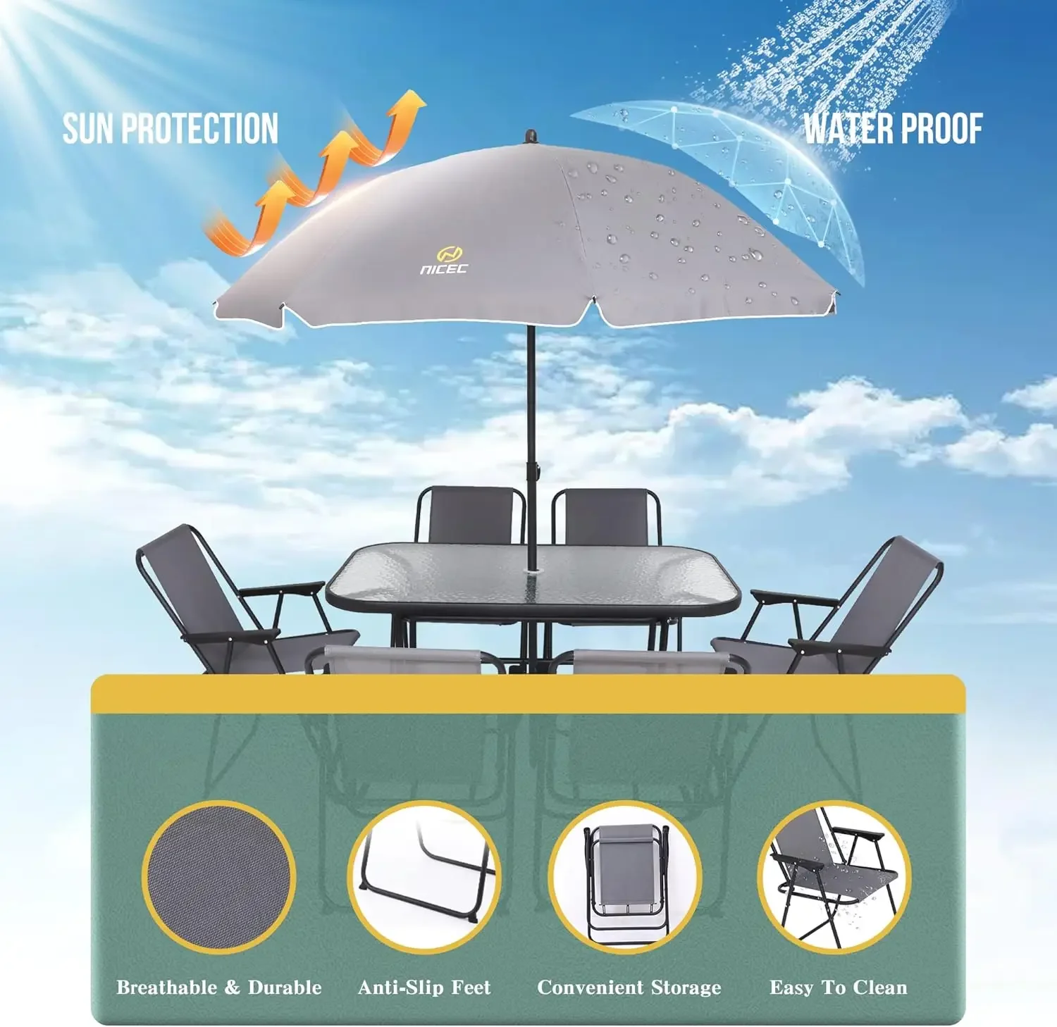 8-delige set met parasol, tuintafelset voor tuinmeubilair met afneembare parasol, glazen tafel en 6 klapstoelen (grijs)