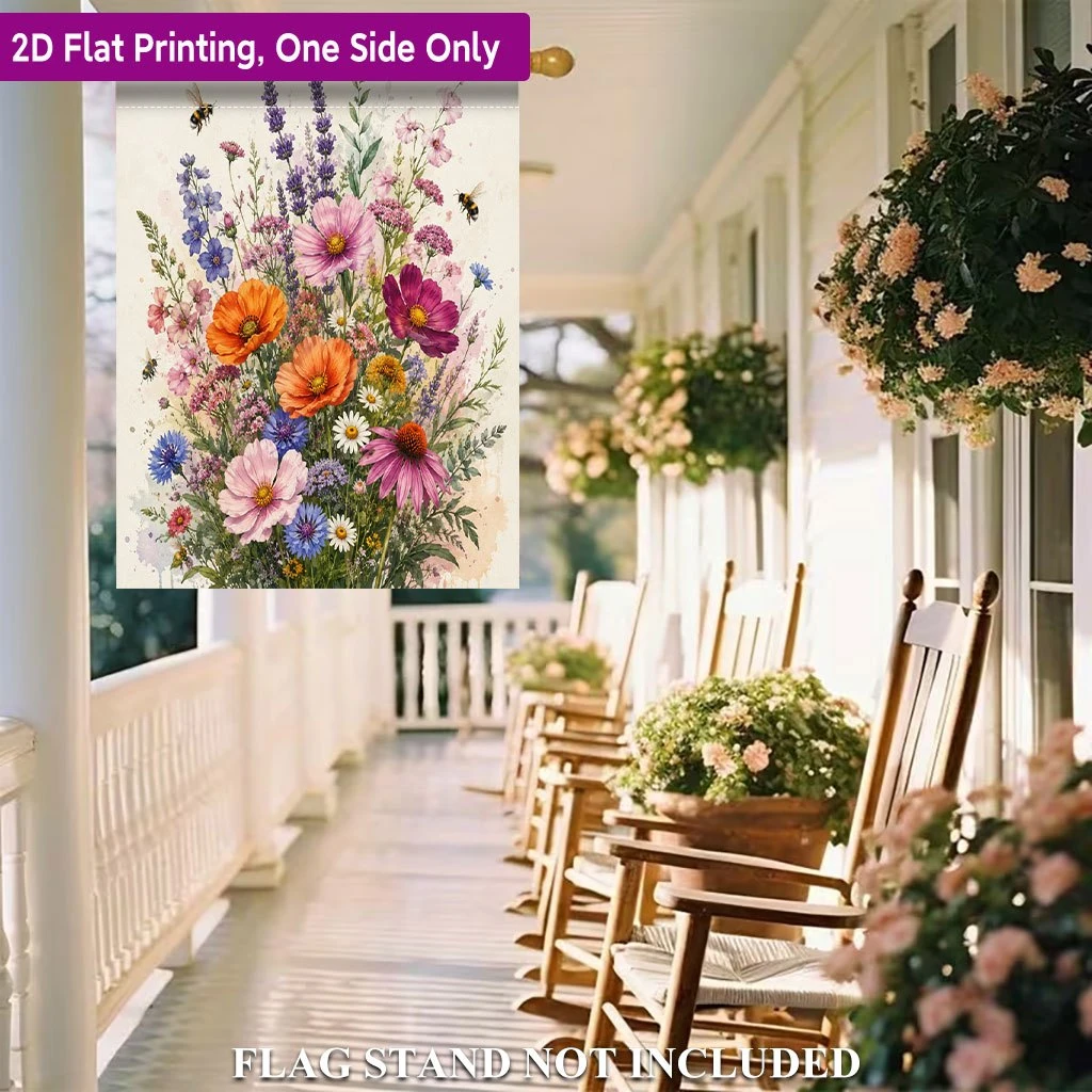 1pc Watercolor Wildflower and Bee Garden Flag 2D Flat Print One Side Only Seasonal Floral Yard Outdoor Decor