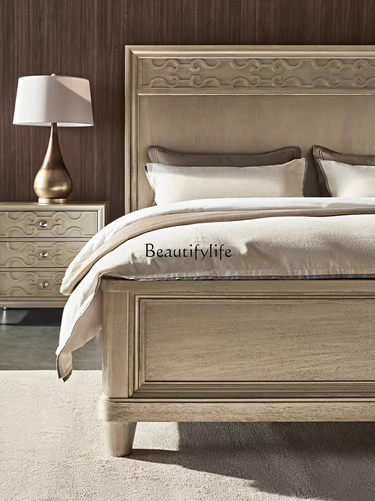American solid wood carving flower board bed French light luxury bedroom high back 1.8 meters double bed