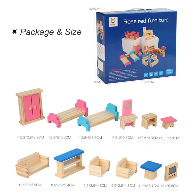 Wooden Miniature Dollhouse Furniture Accessories Kit Pretend Play Living Room Bedroom Dining Kitchen Bathroom Imitation Game