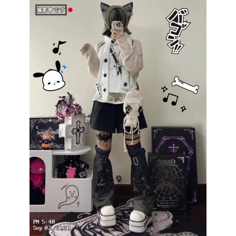 Stars Scarf Knitting Subculture Sweet Cool Autumn Winter 2024 New Scarf Women Y2k Harajuku White Knitted Cosplay Scarves