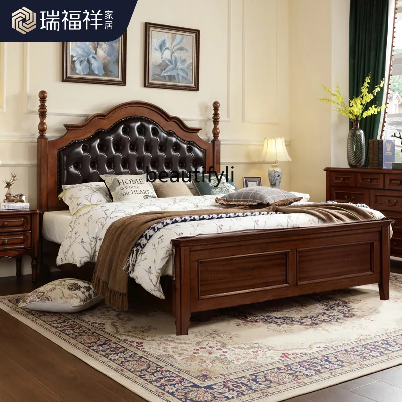 Mahogany American solid wood double bed master bedroom queen bed 1.8 meters retro soft bag bed