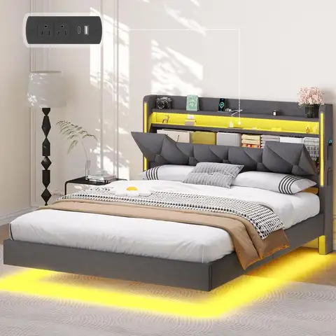 Gray King Size Floating Bed Frame with Integrated Storage, Headboard, LED Lighting, Charging Ports, and Noiseless Design for Eas