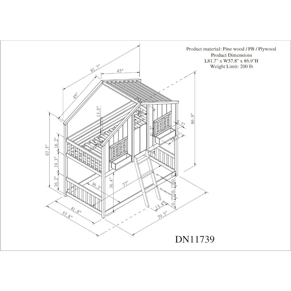 House ranjang susun kayu Twin Over Twin Bunk Bed Frame dengan atap, pintu dan kotak penyimpanan, Playhouse Bed untuk anak laki-laki perempuan remaja