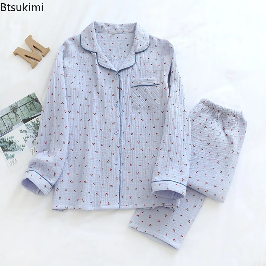 2025 Spring Autumn Pajama Sets for Women 100% Cotton Soft Comfort Lapel Cardigan Pants Two Piece Sets Sweet Cute Women Sleepwear