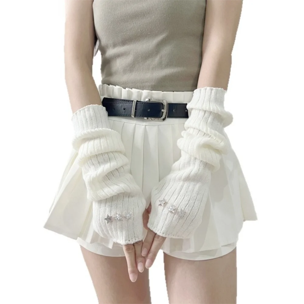 Guantes calentadores de brazo largos a la moda a prueba de frío con parche de pentagrama, guantes sin dedos tejidos con manga cálida para brazo para mujer