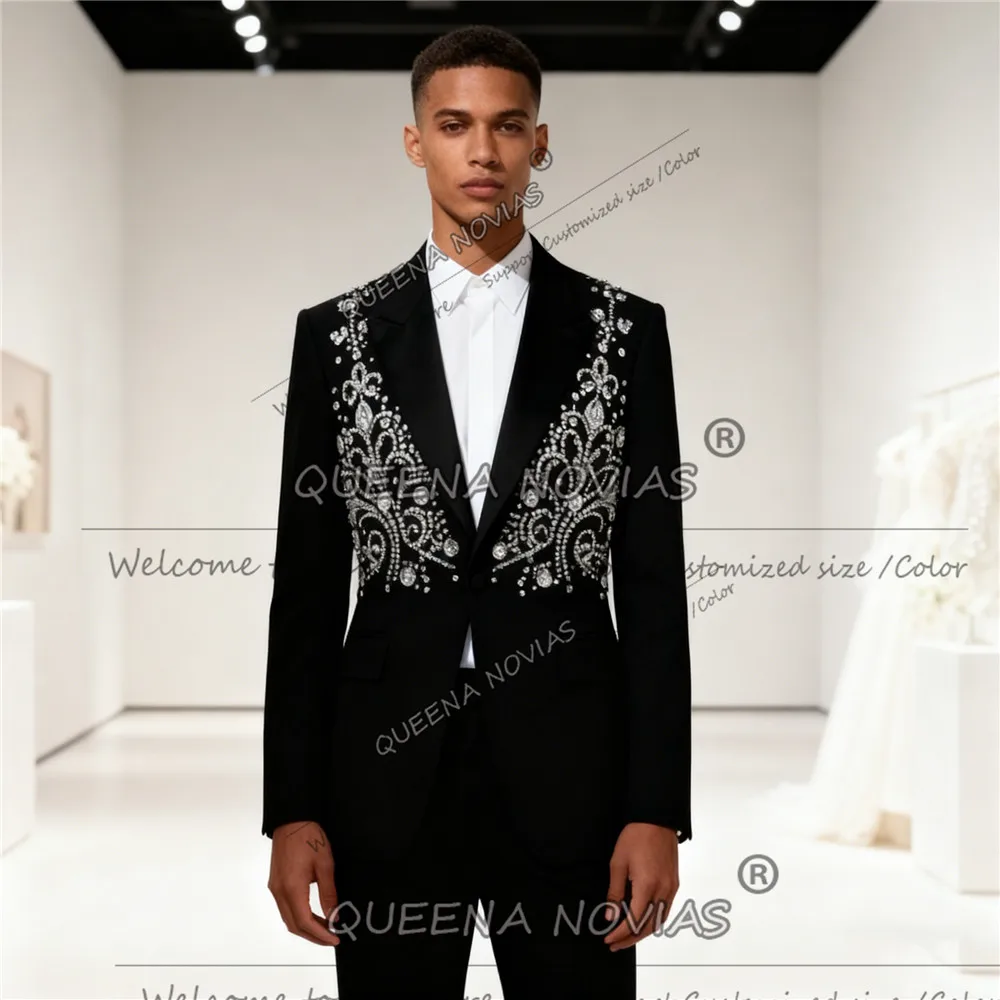 Brilliant Beads Crystals Suits Men For Wedding 2 Pieces Sets Prom Blazer Outfits Cut-Out Back Customized Groom Tuxedos Unique