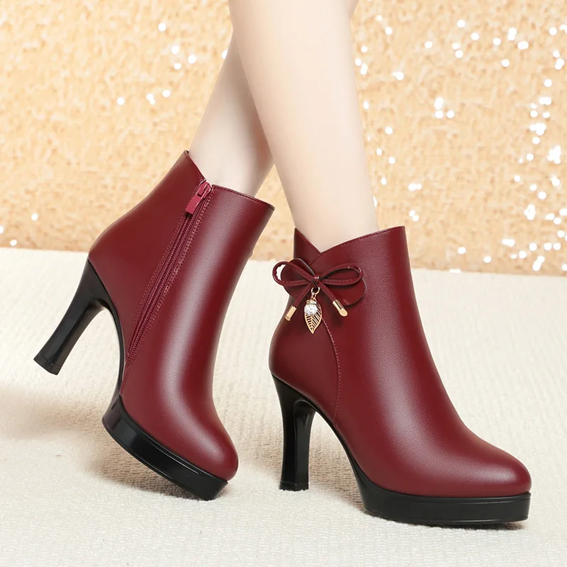 

6.5cm 8.5cm Elegant Women's Shoes Fall Winter 2026 Soft Leather Boots 2025 High Heels Shoes Warm Fur Ankle Boots Office Mom Work
