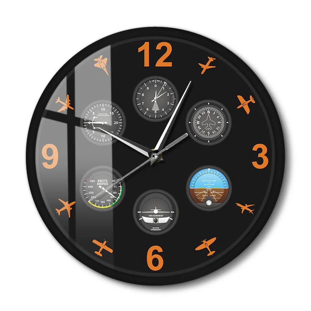 Flight Instrument Metal Frame Wall Clock Silent Modern Timepiece Watch Aviator Bedroom Living Room Decor Plane Lovers Pilot Gift