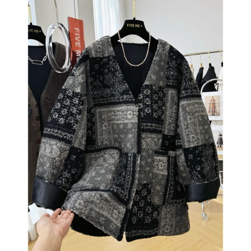 

Autumn Winter Lazy Wind Lamb Wool Coat Women 2026 New Fashion Loose Casual Assorted Colors V-Neck Outerwear Female