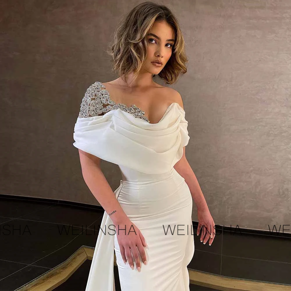 Luxury Women's Dresses Trend 2025 Satin Mermaid Wedding Party Dresses Ivory Off-the-shoulder Rhinestones Draped Wedding Dresses