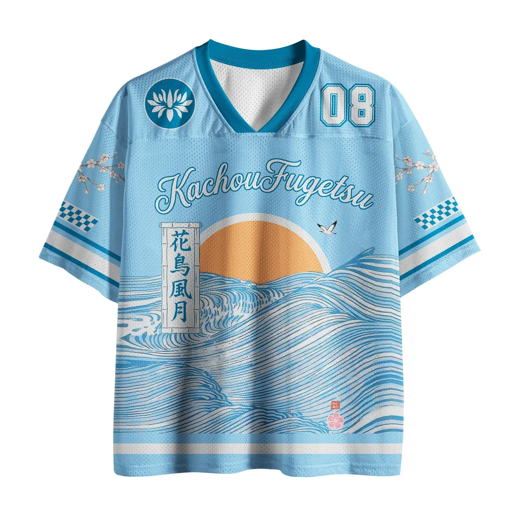 Blue Kanagawa Wind Wave Mesh V-neck Shirt Flower Bird Wind Moon Calligraphy Printing Art Trend Men's and Women's Clothing