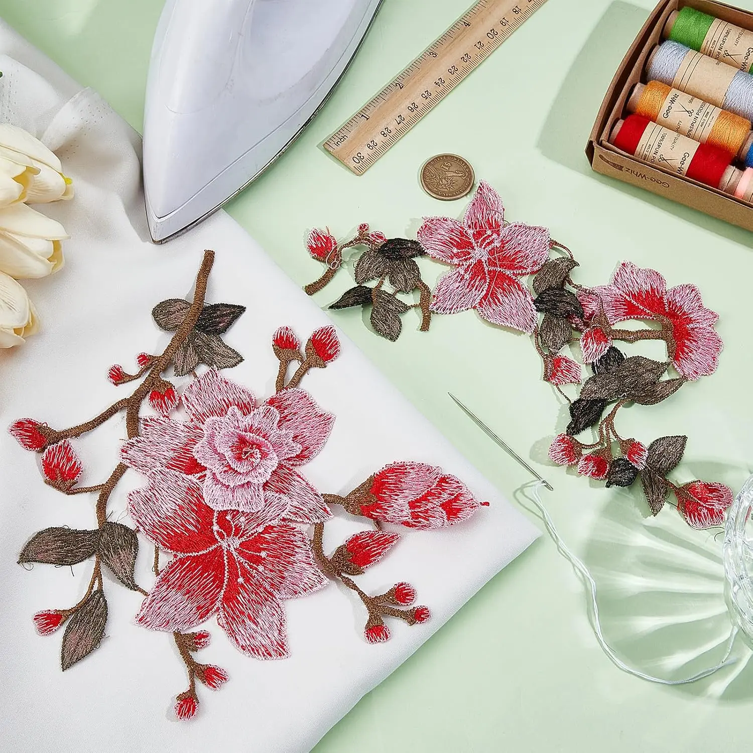1 Pair Brown Pink Flower Embroidery Patches Fabric Wedding Dress Bags Clothing Accessories Sewing DIY Repair view 4