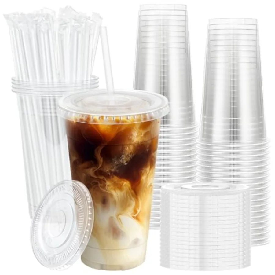 

100 Pack 20 oz Clear Plastic Cups with Lids and Straws, Disposable Iced Coffee Cups with Lids for To-Go Cold Drinks, Smoothies