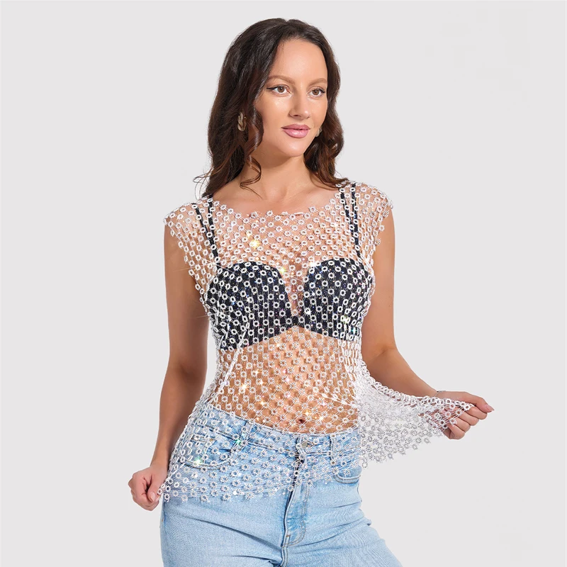 Damen-Top mit glitzerndem Strass-Mesh-Muster, durchsichtiges Pailletten-Oberteil, Nachtclub-Party-Festival-Outfits für heiße Mädchen, футболка женская Y2K – Detail 5