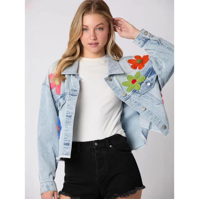 Women's Denim Jacket Long Sleeve 3D Flower Decoration Autumn Winter European Style Multi-Color Fashion Coat