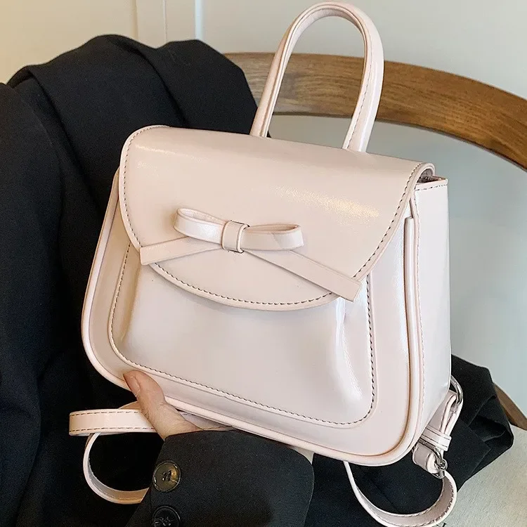 

Fashion Pink Bow Women's Tote Backpacks Elegant Pu Leather Ladies Shoulder Bag Small Simple Girls Student Schoolbags Handbags