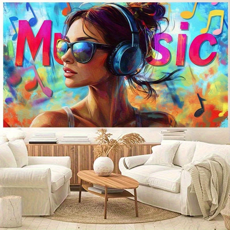 Colorful Music Girl Tapestry, Headphones & Sunglasses Wall Hanging, Vibrant Pop Art Decor for Bedroom Dorm Background