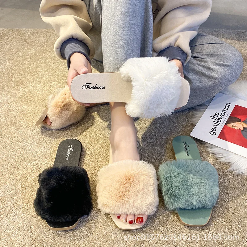 

2026 New Furry Slippers Women Solid Color Minimalist Band Plush Slides Indoor Home Cozy Warm Casual Outdoor Ladies Fluffy Shoes