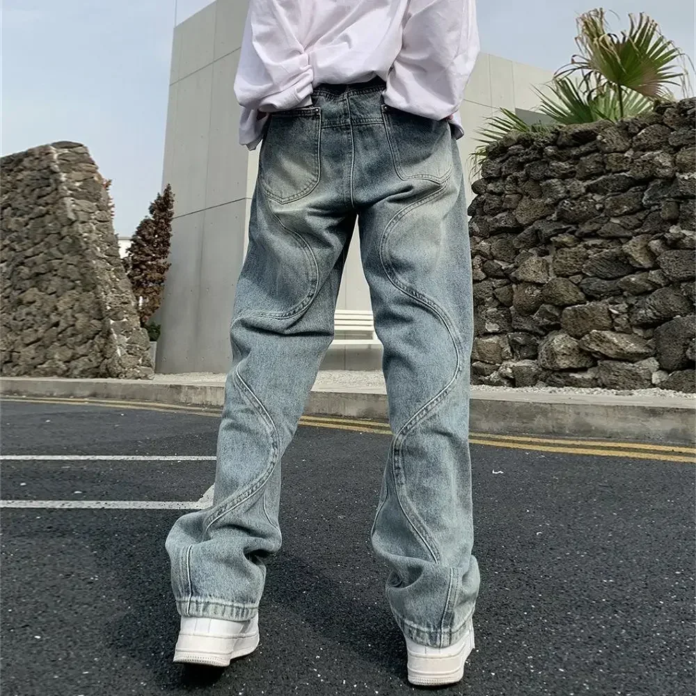 Male Cowboy Pants Loose Aesthetic Trousers Straight Spliced Jeans for Men Baggy Regular Spring Autumn Clothes Y2k 2000s Soft Xs