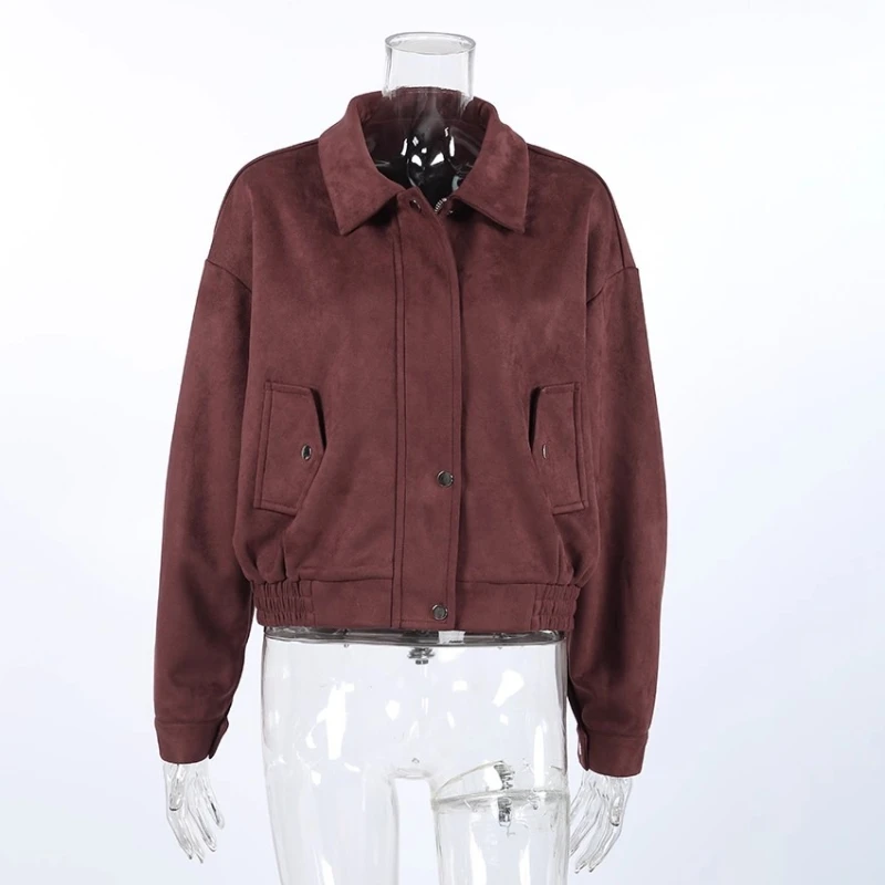 TARUXY Retro Suede Lapel Jacket Women's Zipper Pocket Reddish Brown Casual Loose Splicing Long Sleeves Coat Autumn Street Coat