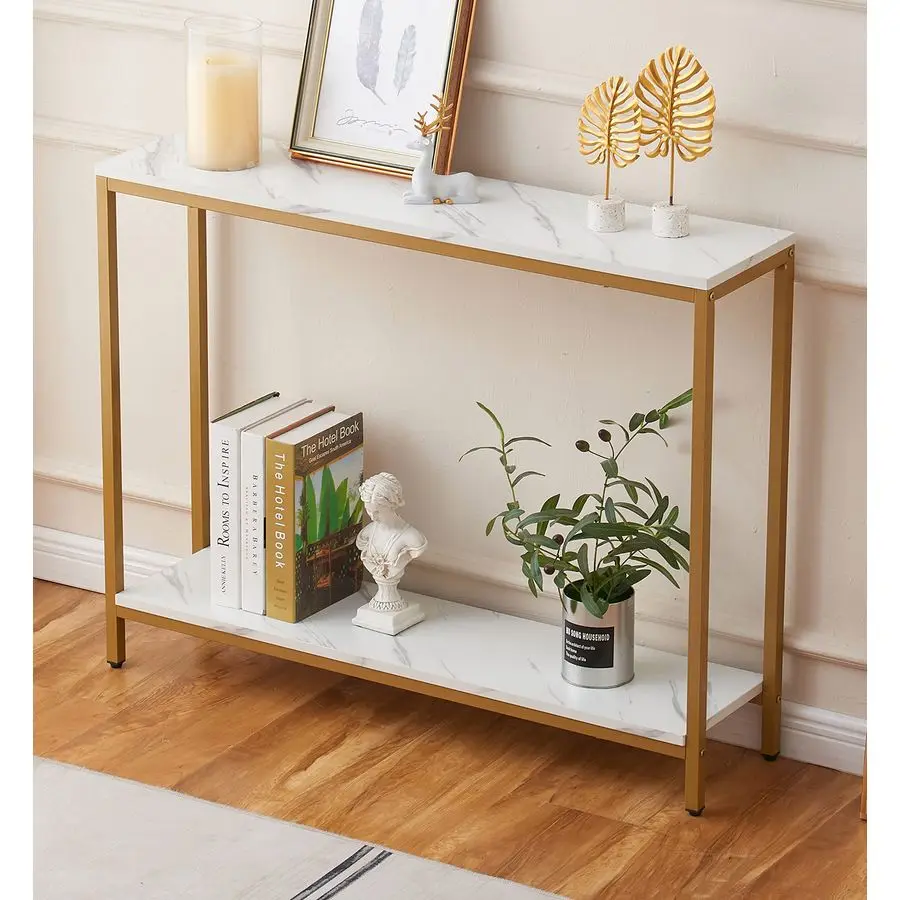 

Console Table for Entryway, Faux Marble MDF Sofa Table with Golden Frame Double Layer, White Marble