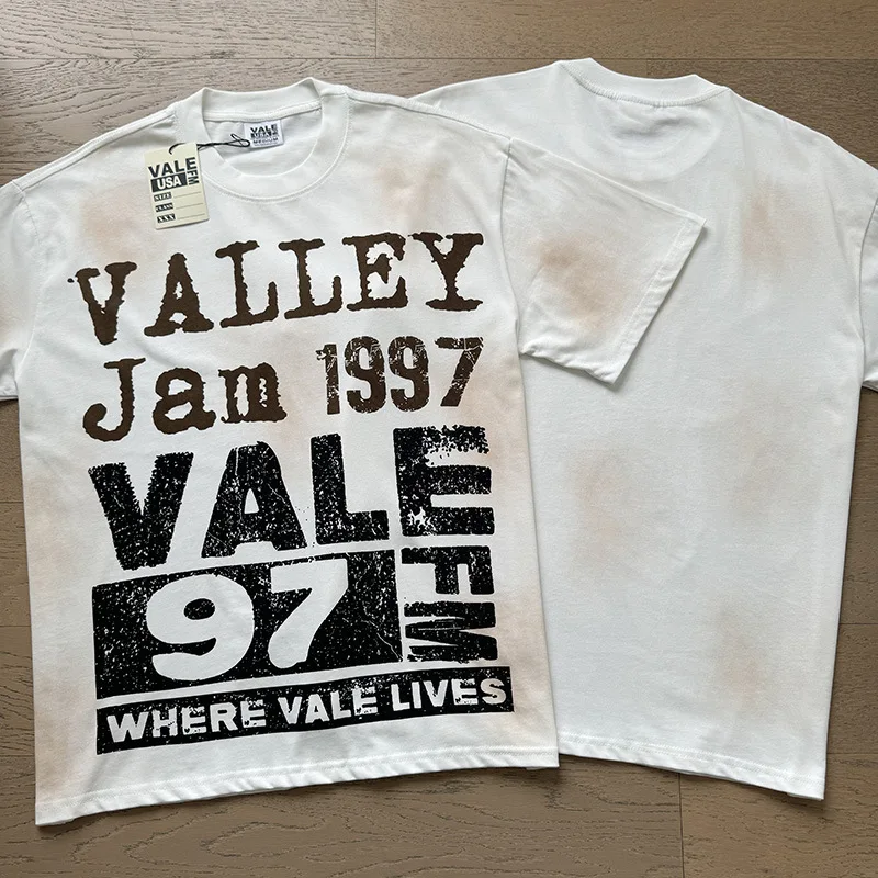 VALE FOREVER Unisex Crew Neck Tee, Direct Print Acid Wash Rhinestone Vintage Letter Loose Fit
