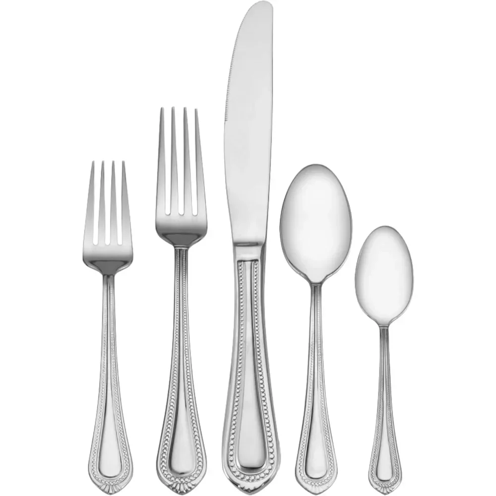 Bead Flatware Service for 12, 65 Piece Set, 18/10 Stainless Steel, Silverware Set with Serving Utensils