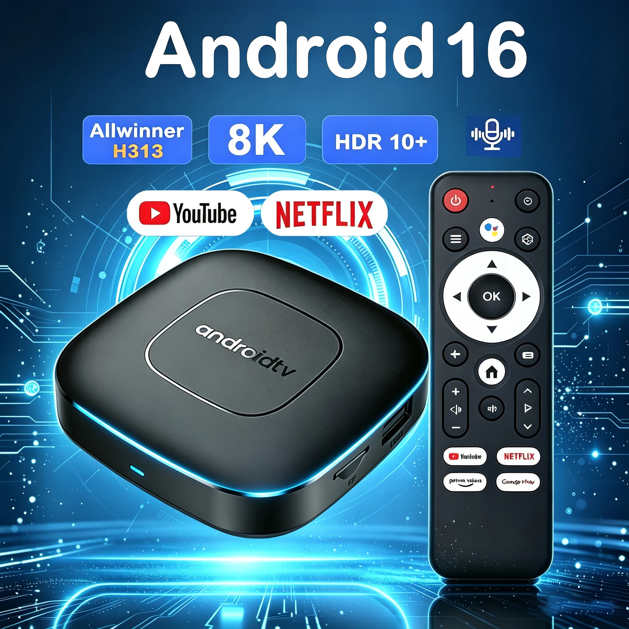 Android 16 Smart TV Box Allwinner H313 Chip 8K HDR10+ Media Player 2.4G/5G WiFi Bluetooth 6.0 Google Voice Assistant Set Top Box