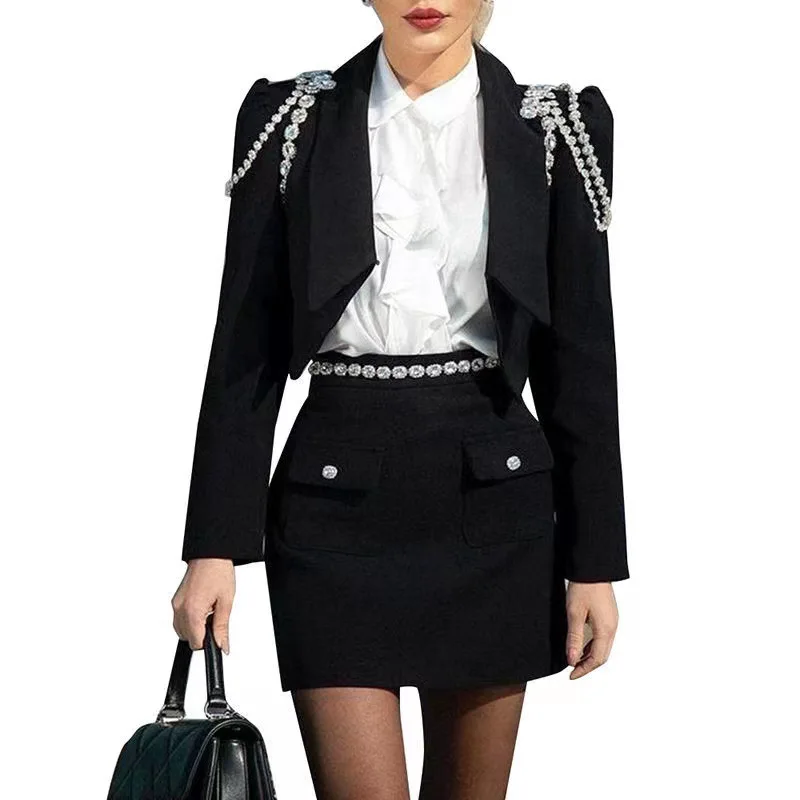 Spring 2023 Bandage Women\'s New Two-Piece Lapel Nail Rhinestone Long Sleeve Small Suit Jacket   High Waist Skirt