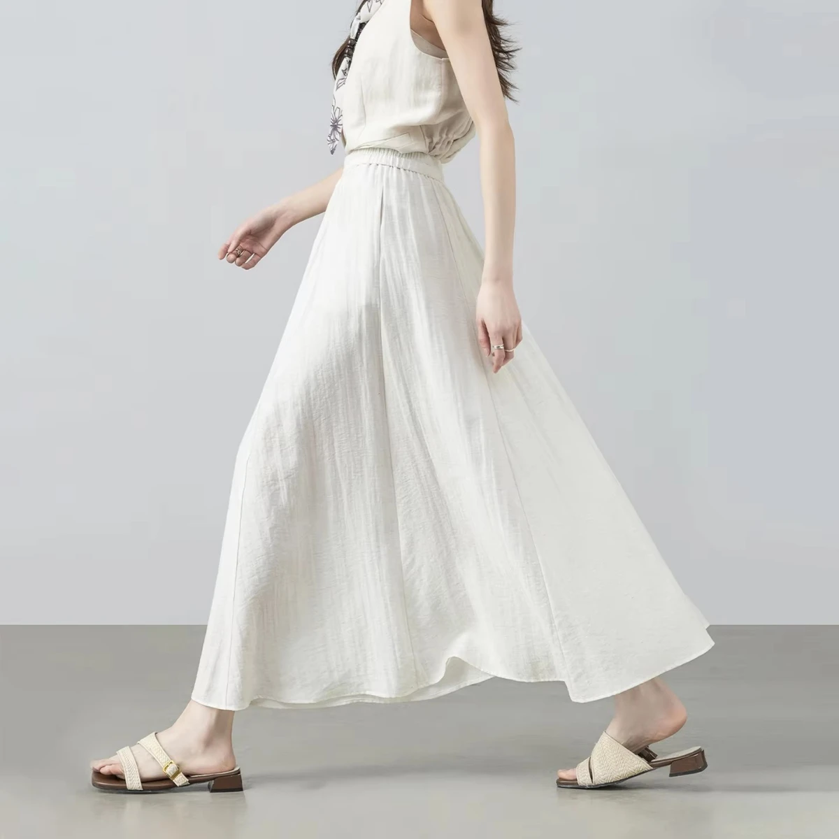 SENTUBILA Women's A Line Skirt 2026 White Linen Summer New Casual Elastic Waist Loose Long Minimalist Office Skirt 162QA5883