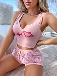 Women Sleepwear Pyjamas Set Lingerie Casual Pink Letter Printed Camisole with Plaid Shorts Sets Nighty Pajamas Loungewear