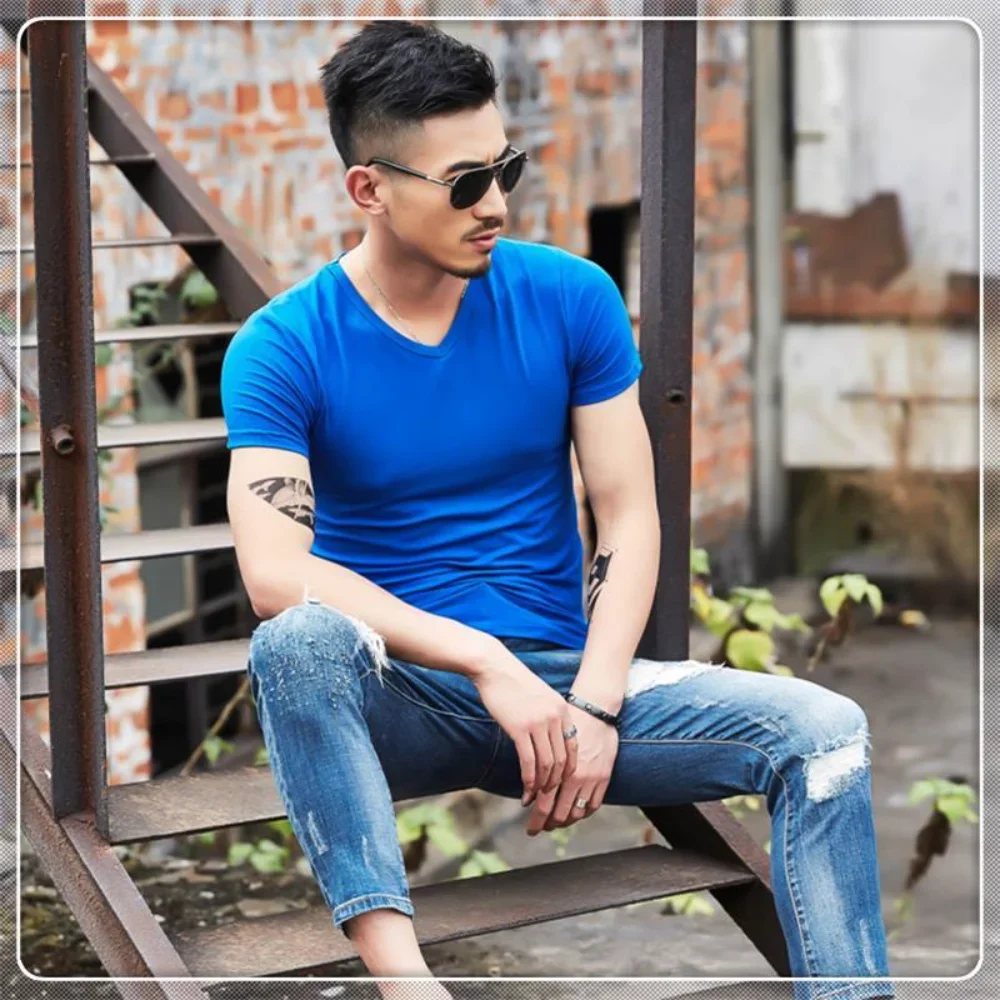 Summer Classic Knitted Comfortable Casual Basic Undershirt V Neck Men's T-Shirt Slim Fit Solid Color Short Sleeve Pullover Top