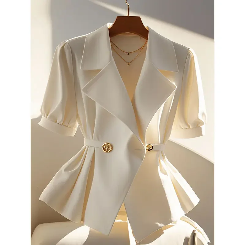 

Women Summer Simplicity Office Lady Solid Color Tailored Collar Short Sleeve Blazer Ladies Fashion Trend Temperament Casual Tops