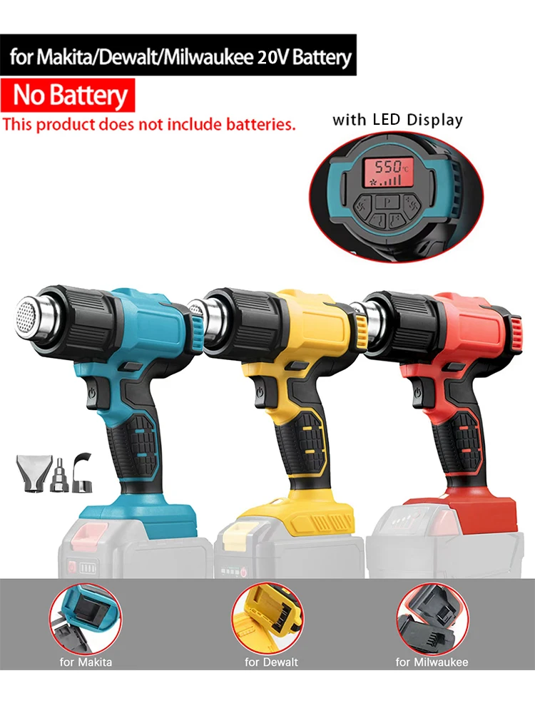 

LED Display Fit Makita/Dewalt/Milwaukee 20V Battery Hot Air Gun Adjustable Temperature Cordless Electric Heat Gun with Nozzles
