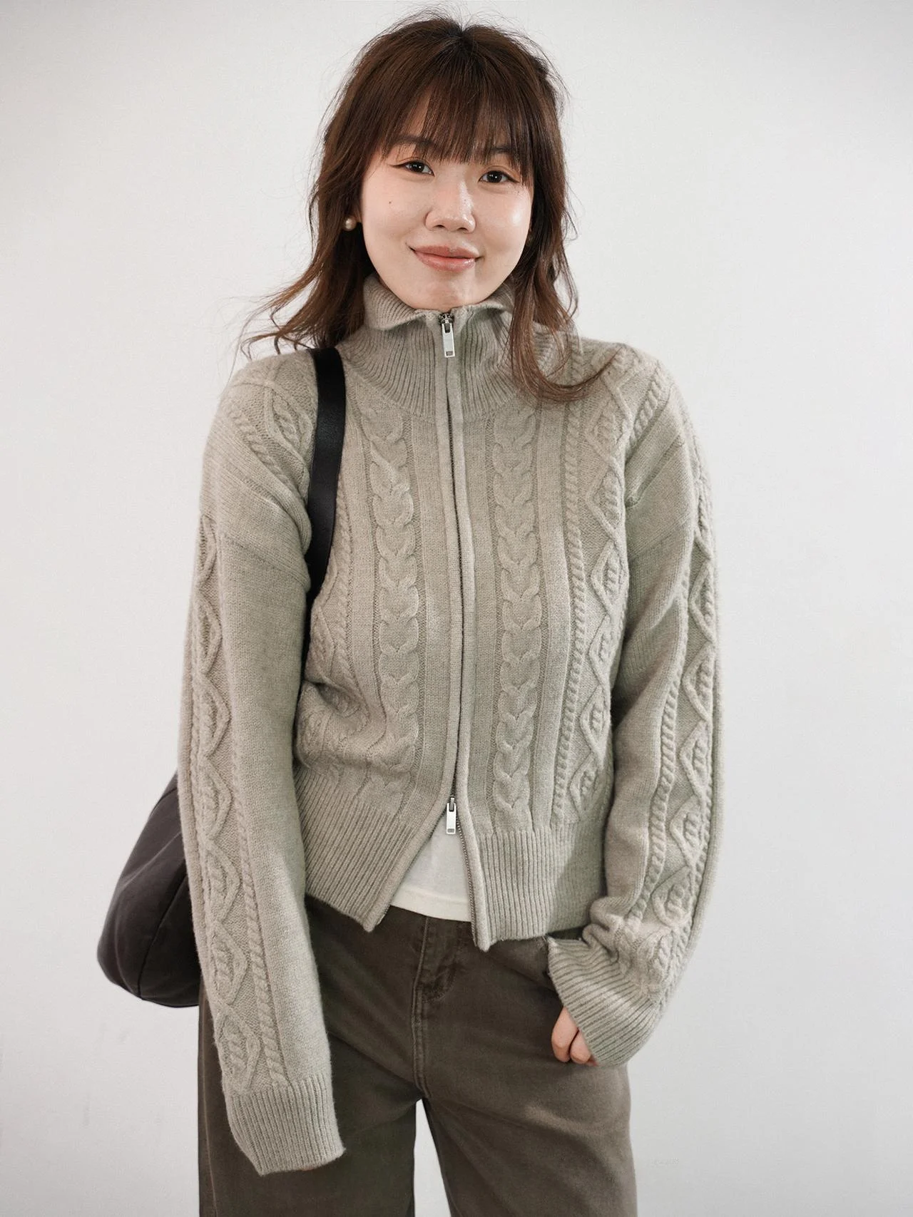 

LADYXIEXIE 923 Ленивый вязаный открытый кардиган на молнии, повседневный свободный крой из смеси шерсти, длинный свеч или длина, цвет