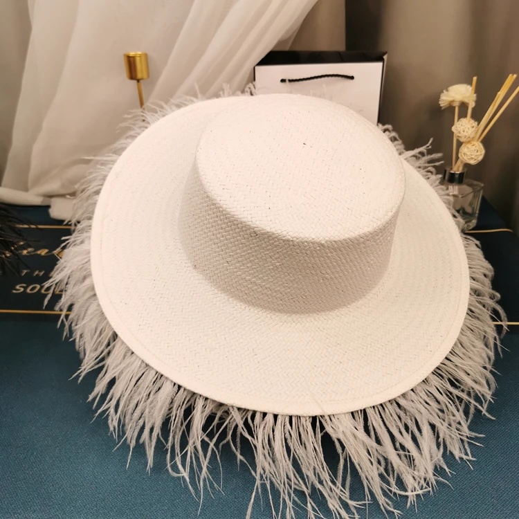 Vintage socialite feather flat top straw hat temperament goddess tassel big eaves hat hat all-match sun block hat summer