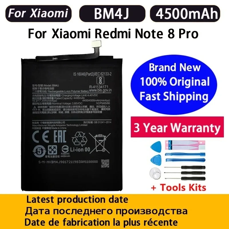 100% Fast Shipping NEW 4500mAh BM4J Battery For Xiaomi Redmi Note 8 Pro Note8 Pro Genuine Replacement Phone Batteries+Tools