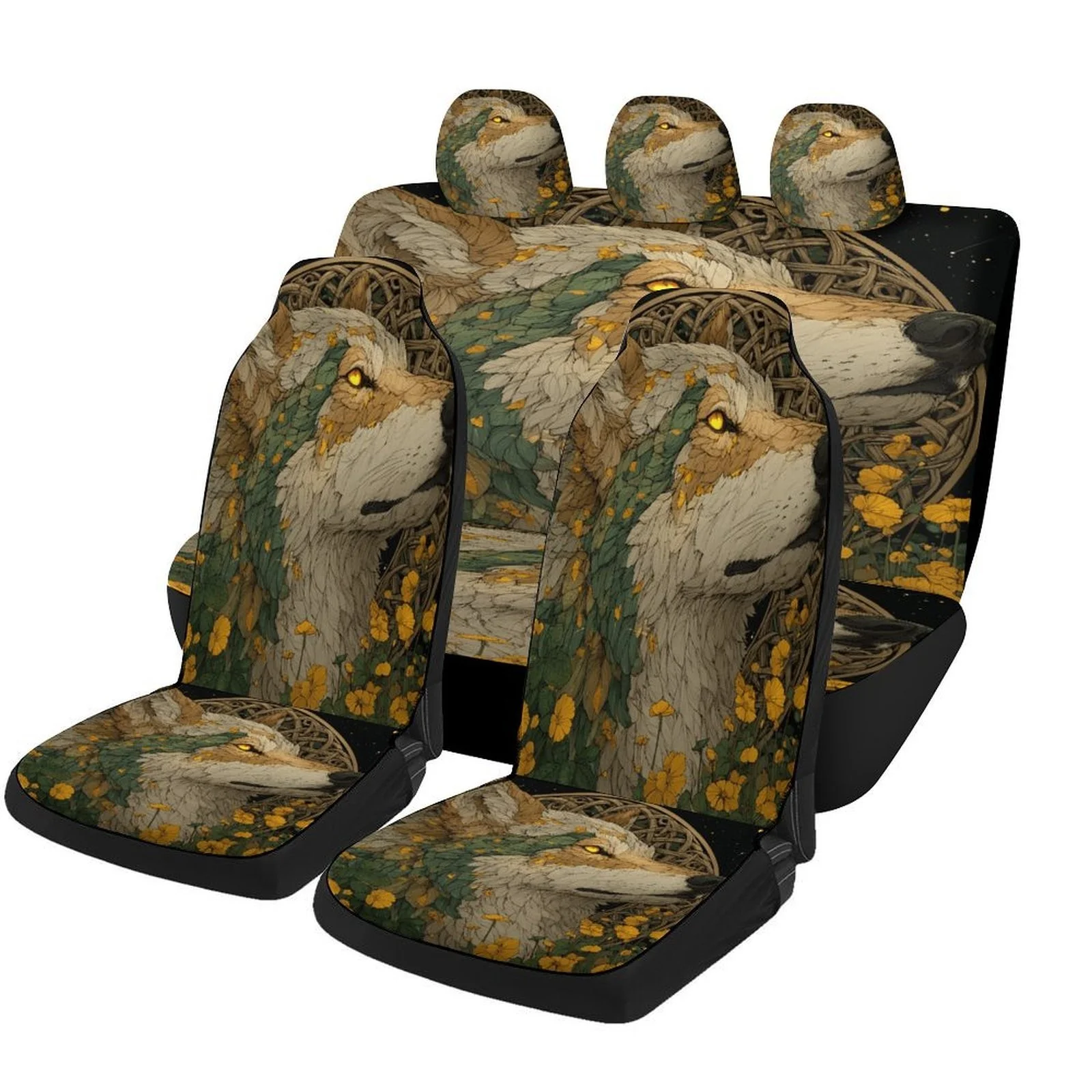 Wolf Blossom Designed Car Seat Cover Set For Most Cars, Trendy Novelty High-quality Car Seat Protector Covers Full Set, Universa